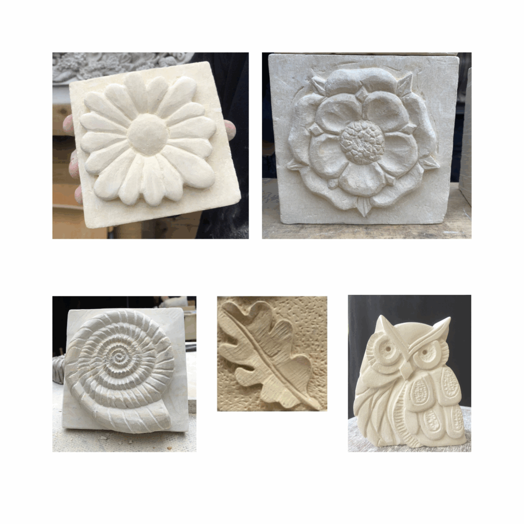 5 small pictures of stone carvings. The first a flowe, the second a rose the this an ammonite, a leaf and an owl