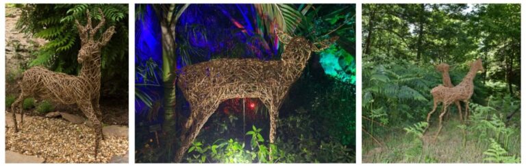 Three images of willow sculpted deer and fawn