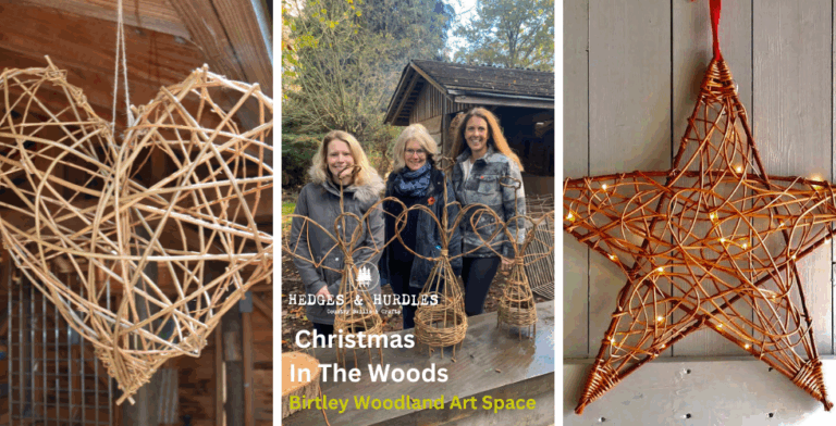 Three photos, the first on the left a willow crafted heart, in the middle three people at the Birtley Woodland Arts Studio, on the right a willow star