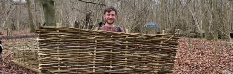 demonstrating hurdle weaving techniques for a Course at Birtley Estate in the Surrey Hills woodland