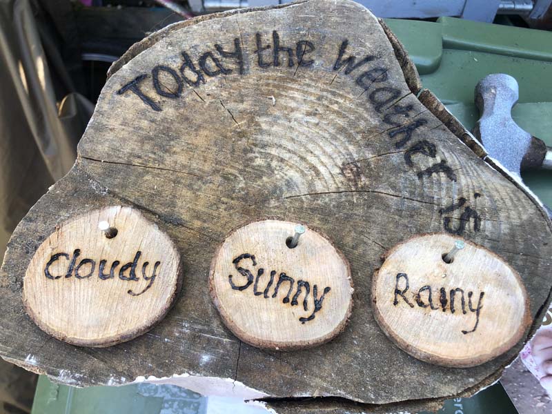 Forest School Weather Station Log inscribed with "Today's Weather" with smaller log labels for Cloudy, Sunny or Rainy