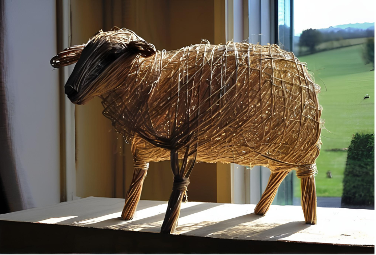 Picture of a Willow Sheep created at a Hedges and Hurdles Workshop.  The Sheep is on a window ledge overlooking landscape view onto the Surrey Hills.